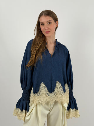 Blusa in Denim con Pizzo