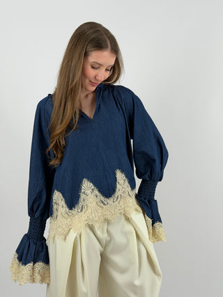 Blusa in Denim con Pizzo