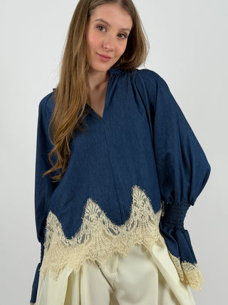 Blusa in Denim con Pizzo