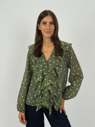 Blusa a Pois con Volant Verde