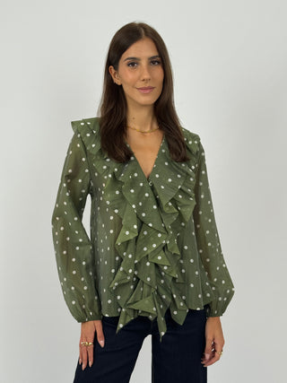 Blusa a Pois con Volant Verde