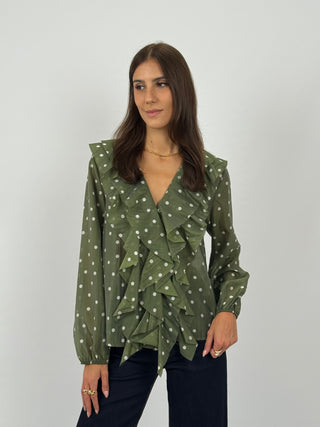 Blusa a Pois con Volant Verde