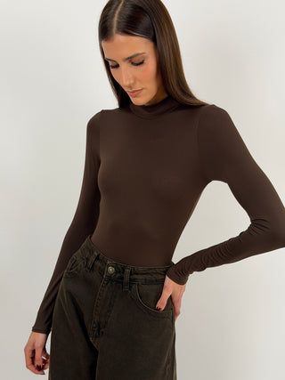 Body in Lycra a Collo Alto Marrone