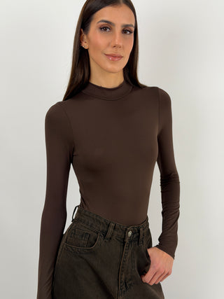 Body in Lycra a Collo Alto Marrone