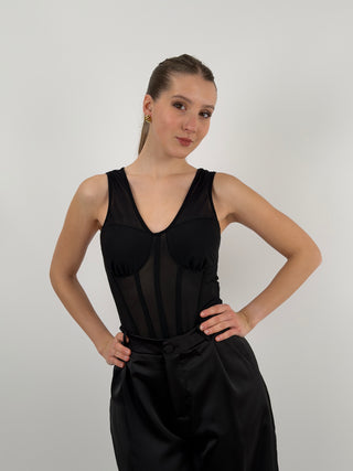 Body in Tulle con Coppe Nero