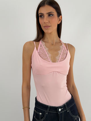 Body con Inserti in Pizzo Rosa