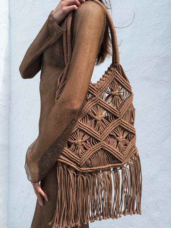Borsa Intrecciata con Frange Marrone