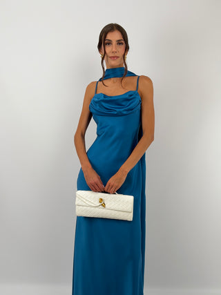 Abito Lungo Satin con Foulard Blu Petrolio