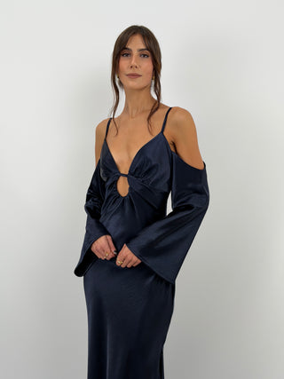 Abito Satin con Maniche Lunghe Blu
