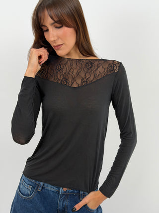 Pull Ultra-Léger avec Cachemire et Dentelle Noir
