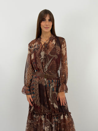 Brown Patterned Long Dress with Flounce
