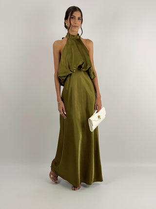 Abito Satin con Top a Balza Verde Olio
