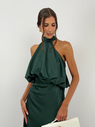 Abito Satin con Top a Balza Verde Smeraldo