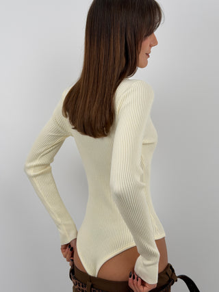 Cream Ribbed Bodysuit with Buttons