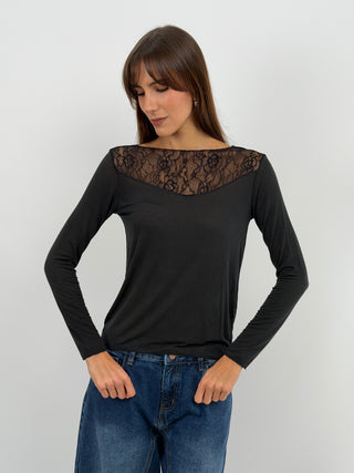 Pull Ultra-Léger avec Cachemire et Dentelle Noir