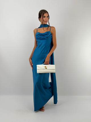 Abito Lungo Satin con Foulard Blu Petrolio