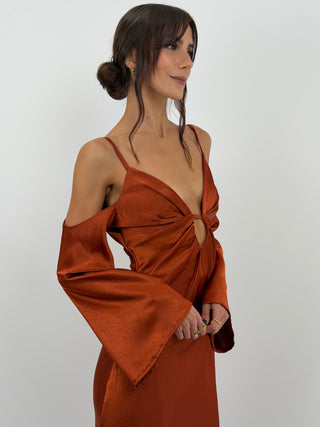Abito Satin con Maniche Lunghe Ruggine