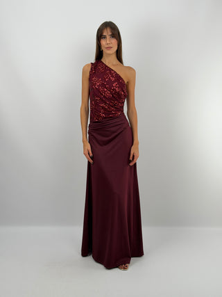 Abito Monospalla con Paillettes Bordeaux