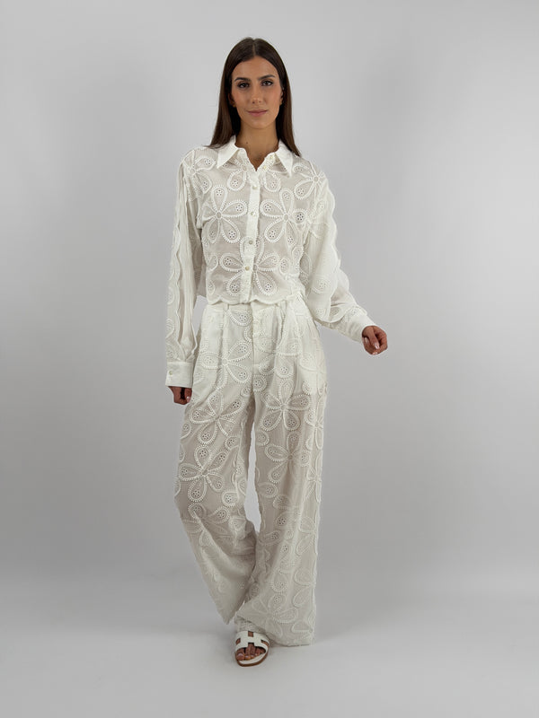 Set Coordinato Camicia e Pantalone in Pizzo Sangallo Bianco Lumina