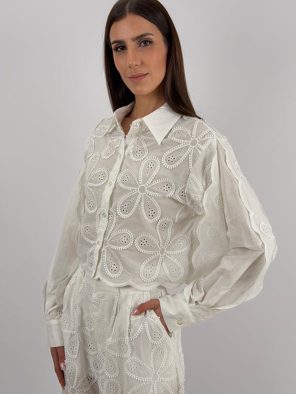 Set Coordinato Camicia e Pantalone in Pizzo Sangallo Bianco Lumina