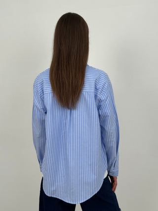 Camicia in Cotone a Righe Azzurre con Ricamo