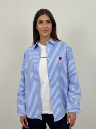 Camicia in Cotone a Righe Azzurre con Ricamo