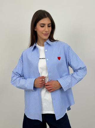 Camicia in Cotone a Righe Azzurre con Ricamo