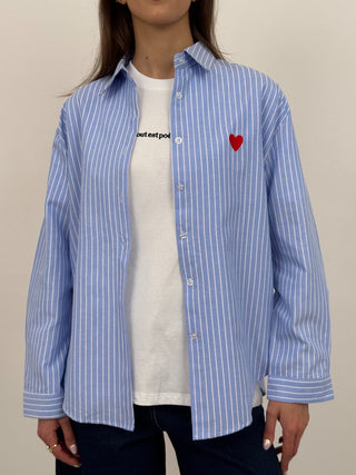 Camicia in Cotone a Righe Azzurre con Ricamo