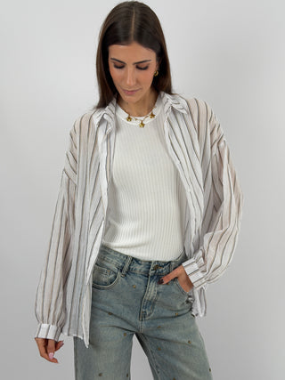 Camicia Cotton Blend a Righe Bianca