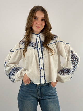 Camicia Bianca con Ricami Blu