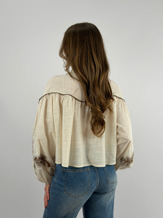 Camicia Crema con Ricami Marroni