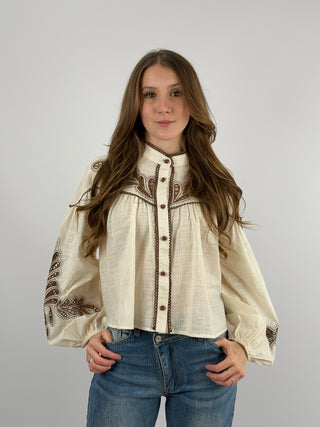 Camicia Crema con Ricami Marroni