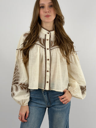 Camicia Crema con Ricami Marroni