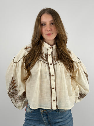 Camicia Crema con Ricami Marroni