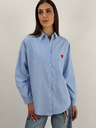 Camicia in Cotone a Righe Azzurre con Ricamo