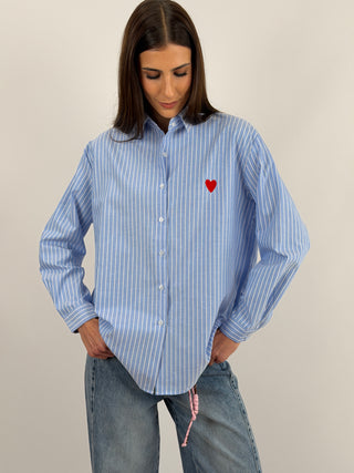 Camicia in Cotone a Righe Azzurre con Ricamo