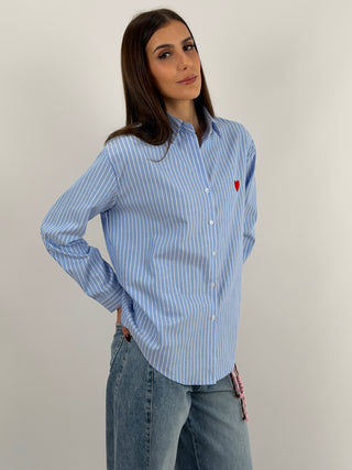 Camicia in Cotone a Righe Azzurre con Ricamo