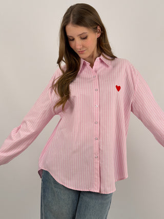 Camicia in Cotone a Righe Rosa con Ricamo