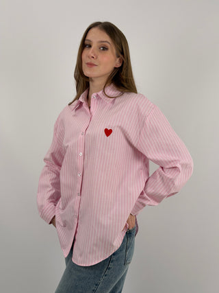 Camicia in Cotone a Righe Rosa con Ricamo