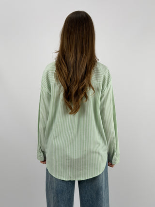 Camicia in Cotone a Righe Verde Salvia con Ricamo