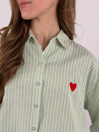 Camicia in Cotone a Righe Verde Salvia con Ricamo