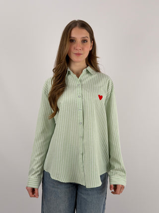 Camicia in Cotone a Righe Verde Salvia con Ricamo