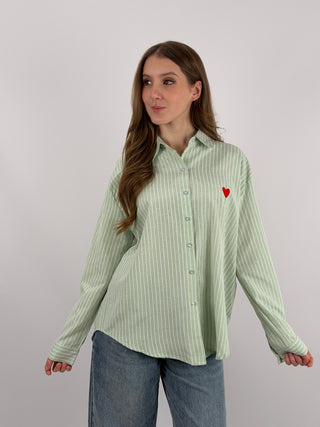Camicia in Cotone a Righe Verde Salvia con Ricamo