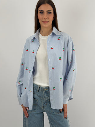 Camicia a Righe con Ricamo Ciliegie