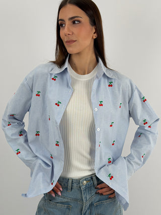Camicia a Righe con Ricamo Ciliegie