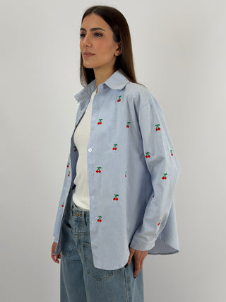 Camicia a Righe con Ricamo Ciliegie