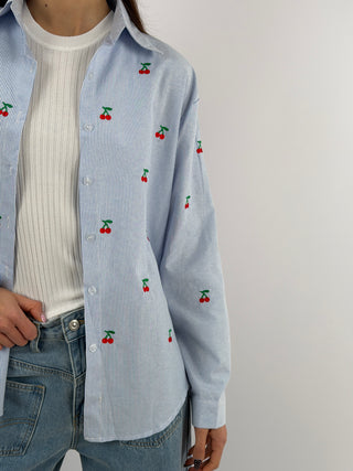 Camicia a Righe con Ricamo Ciliegie