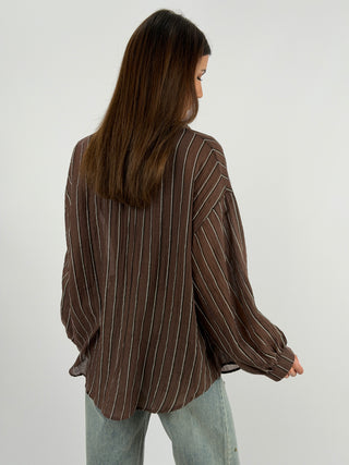 Camicia Cotton Blend a Righe Marrone