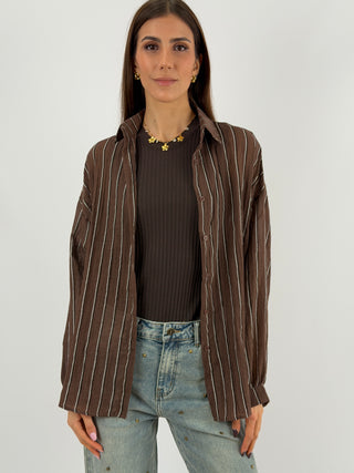 Camicia Cotton Blend a Righe Marrone