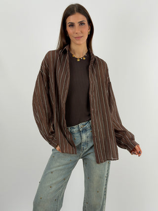 Camicia Cotton Blend a Righe Marrone